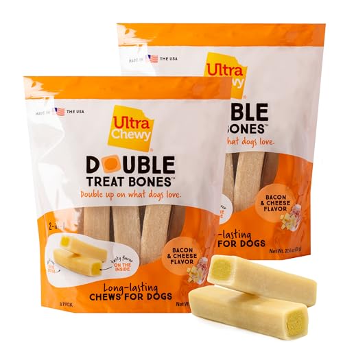 Ultra Chewy Double Treat Bones: Long-Lasting Dog Treats Made in USA for Large and Small Breeds Highly Digestible Ideal for Aggressive Chewers (Bacon & Cheese 2 Value Packs)