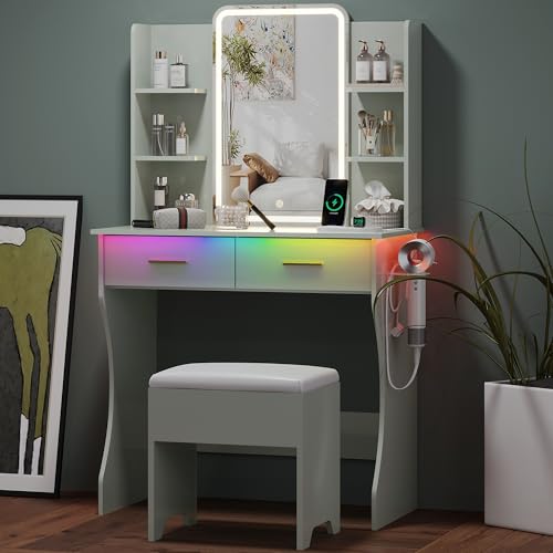 Image of Small Vanity Desk with Mirror and Lights, Makeup Vanity with LED Lights, Green Vanity Mirror with Lighted Desk and Chair, 3 Lighting Adjustable Compact Dressing Table with Mirror for Women, Girls