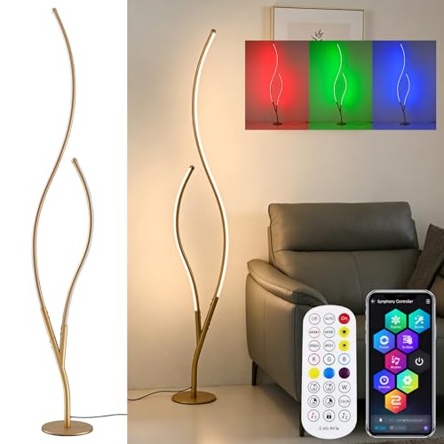 Image of DAYCENT RGBWIC Floor Lamp Modern LED Corner Lamps 1500 Lumen Smart Floor Lamps with Remote and 16 Million DIY Colors, Music Sync Standing Lamp for Living Room Bedroom Home Decor, Gold Finish