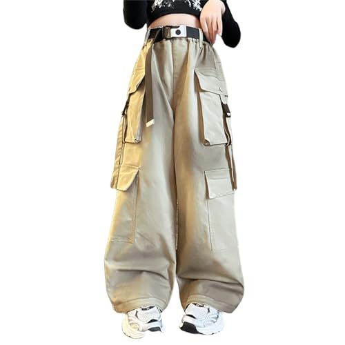 Girls Fashion Baggy Cargo Pants with Pockets Wide Leg 𝐘2K Sweatpants Causal Elastic High Waist (Khaki, 11-12 Years)