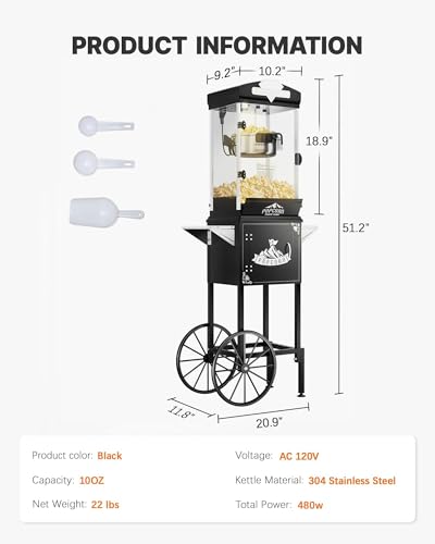 Image of 10 oz Popcorn Machine Cart, Popcorn Maker Machine with Wheel&Stainless-Steel Kettle Makes Up to 40 Cups, Vintage Movie Theater Style Pop Corn Machine, Black
