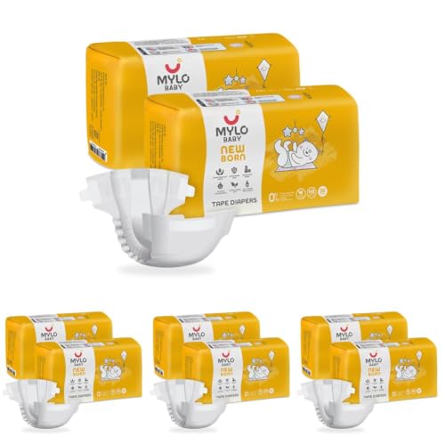 Image of Mylo Baby Tape Diaper Newborn (NB) Size Upto 5 kg Babies (52 Count) Leak Proof | Lightweight | Rash Free | Upto 12 Hours Protection | ADL Technology | with Zinc Oxide Layer (Pack of 4)