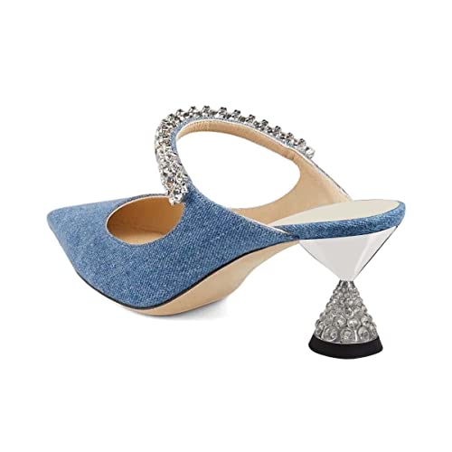 Fsj Women Rhinestone Cone Low Heel Mules Closed Pointed Toe One Strap Sandals Slip On Backless Wedding Bridal Dress Shoes Size 8.5 Blue Denim #TOP2