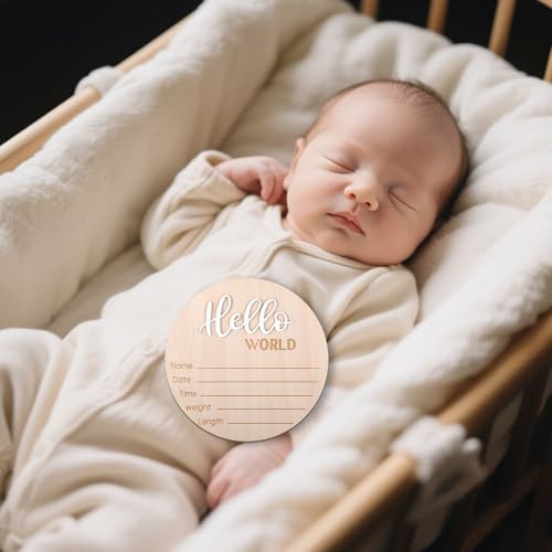 Image of Wooden Baby Announcement Sign, 5.9 Inch Hello World Newborn Sign, Hospital Birth Stat Plaque, Hospitals, Homes, Nurseries, Suitable for Newborn Boys and Girls, Birth Souvenir (White)