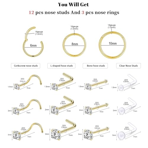 Hypoallergenic 14K Gold Plated Nose Rings Studs Set for Women Men:316L Stainless Steel Clicker Nose Rings,Dainty CZ L Shaped/Corkscrew/Straight/Clear Nose Studs,Nostril Piercing Jewelry 15PCS3