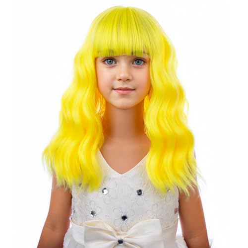 Image of PATTNIUM Yellow Wig for Kids Child Wigs Short Wavy Curly Yellow Wig with Bangs for Girls Synthetic Girls Cosplay Halloween Party Costume Wigs