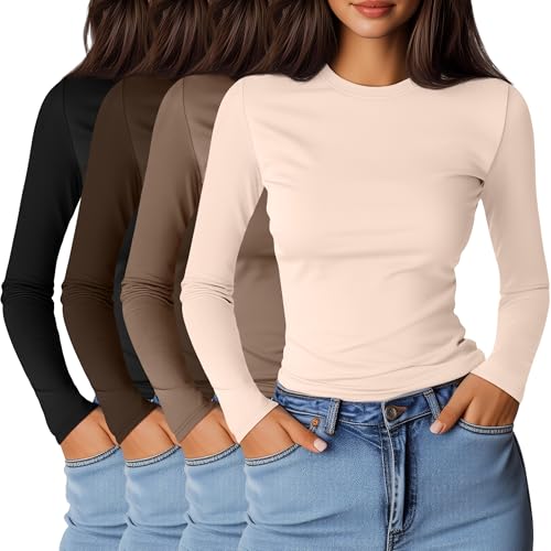 Ficerd 4 Pack Women's Long Sleeve Shirts Cotton Crew Neck Slim Fitted Tops Casual Basic Fall Y2k Tight Going Out Stretchy Tee
