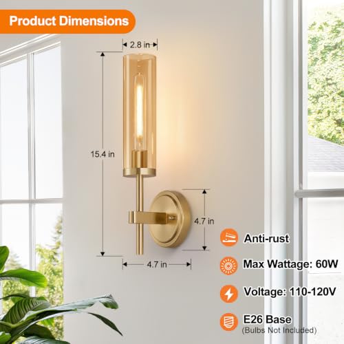 Image of MOKATNG Hardwired Wall Sconces Set of Two, Brushed Gold Bathroom Sconces with Amber Glass, Modern Wall Light Fixtures for Bathroom Mirror Vanity, Living Room, Hallway, Stairway, Cabinet, Foyer