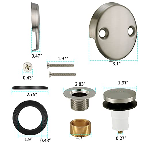 Tip Toe Bathtub Drain Conversion Kit Assembly, Tub Drain Plug Trim Set Bath Tub Drain Stopper With Two-Hole Overflow Faceplate (Brushed Nickel) #TOP2