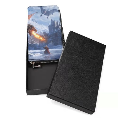 Ice-Covered Knights Dragon Breathing Fire Women's Leather Clutch Wallet with Zip Card Holder Hand Strap Large Capacity3