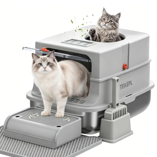 Caja de arena para gato acero inoxidable extra grande con tapa miniatura 1