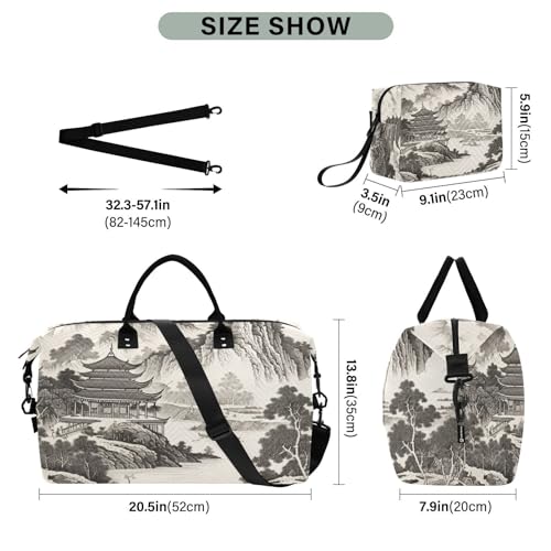 Large Travel Duffel Bag, Chinese Landscape Paint Sports Tote Gym Bag, Shoulder Weekender Overnight Bag for Women Men, Carry On Luggage with Toiletry Bags3