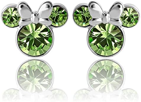 Disney Womens Minnie Mouse August Birthstone Stud Earrings - Minnie Mouse Jewelry - Faux Peridot Earrings (August-Peridot Crystal)