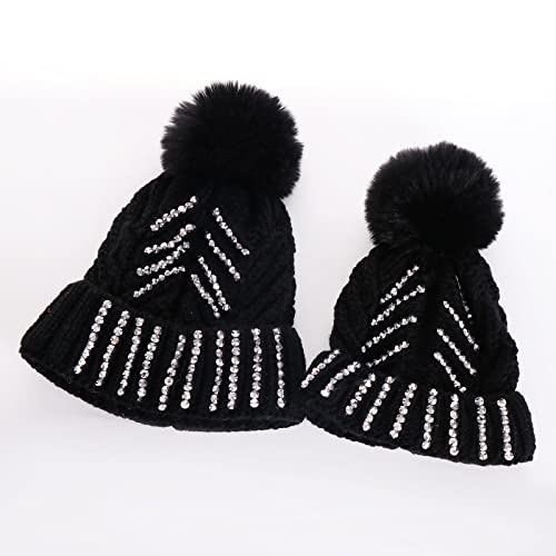 HGps8w Womens Girls Winter Beanie Hat Rhinestone Slouchy Beanie Chunky Knit Soft Warm Cap with Pom Pom for Adult and Kids3