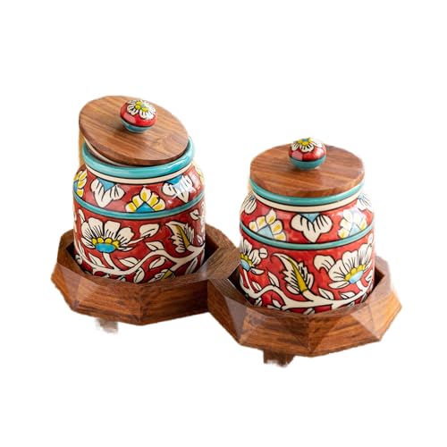 Image of ExclusiveLane 'Mughal Floral' Ceramic Containers with Lid & Tray (Airtight, Set of 2, 440 ML) | Multi Utility Kitchen Container Set Ceramic Jars with Wooden Lid & Container for Kitchen Storage Set