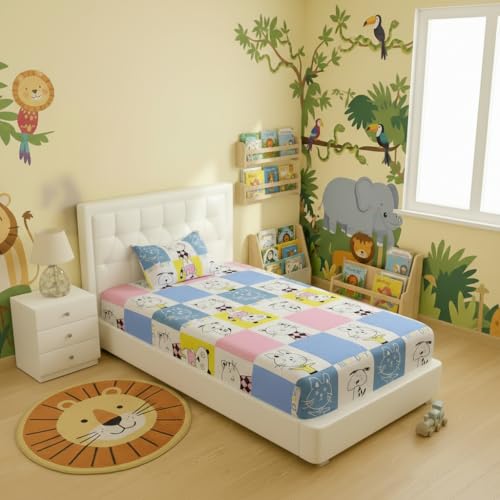 Image of Filymore Kids Elastic Fitted Bedsheet for Single Bed with Pillow Cover | Cute Cat Design | Pink & Blue | 240 TC Soft Microfiber | 72x36 Inches Fits up to 6 Inch Mattress