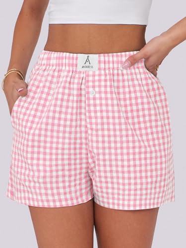 Image of ANRABESS Boxer Shorts for Women Gingham Pajama 2026 Summer Casual Lounge Sleep Plaid Shorts Y2K Beach Bottoms