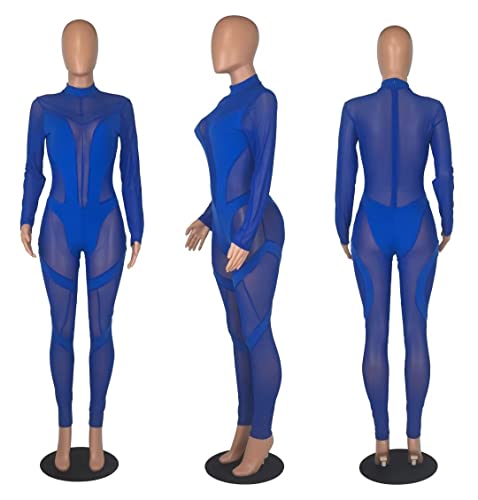 Women Sexy High Neck Sheer Mesh Splicing Bodycon Jumpsuit Romper Clubwear Blue S #TOP2