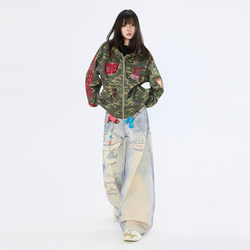 Neutral High Street Jeans - Unique Printed, High Waist, Loose, Wide Leg Denim Pants4