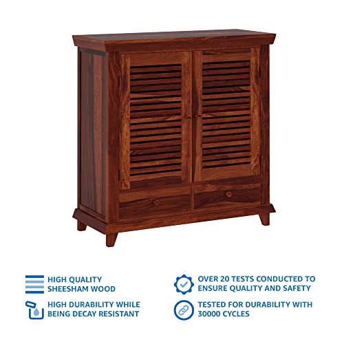 Image of Amazon Brand - Solimo Deimo Solid Sheesham Wood Shoe Rack | Wooden Footwear Organizer with 8 Shelves & 2 Drawers Shoe Cabinet for Home (Honey Finish)