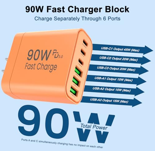 Image of 90W GaN USB C Charger Block [3 Pack],6-Port USB C Wall Charger Fast Charging 45W PD Power Adapter for MacBook Air /iPad Pro /iPhone 17Pro Max /Samsung Galaxy S24 Ultra /Tabs for Home Travel