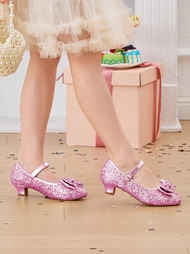 Image of Haloumoning Girls Dress Shoes Mary Jane Heels Flower Girl Shoes Bow Glitter Princess Wedding Party Pump Shoes