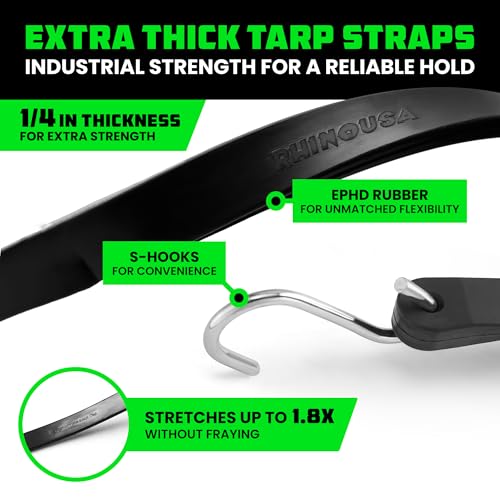 Image of Rhino USA Rubber Bungee Cords with Hooks (12-Pack) - Heavy Duty Outdoor
