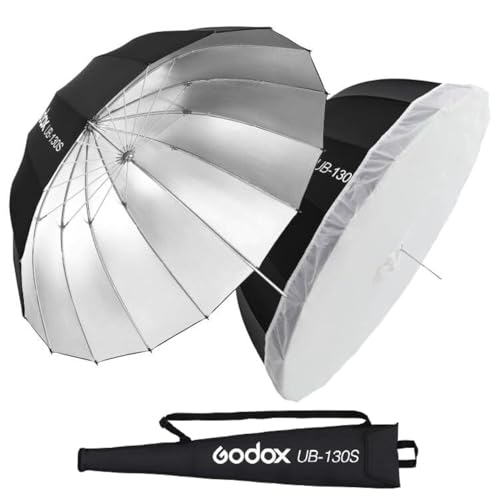 Image of Godox UB-130S 51.2 inch 130cm Parabolic Deep Reflective Umbrella Silver Inner Photography Studio Soft Light Umbrella with Withe Diffuser Cover for Video Studio Shooting (130Silver)