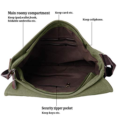 Mactso Vintage Canvas Messenger Bag for Men Women, 13.5 Inch Laptop Satchel Shoulder Bag with Multiple Pockets, Crossbody Bag for Work Travel College (Army green) by Mactso - Used condition - Image 4