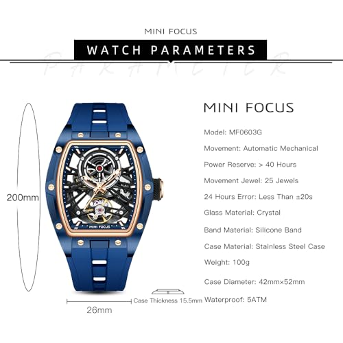 Image of MF MINI FOCUS Unique Men Watches,Automatic Mechanical Watch,Luxury Hollow Tonneau Watches for Men with Stainless Steel Case and Silicon Band (Self-Wind Movement /5ATM Waterproof /Super Luminous)