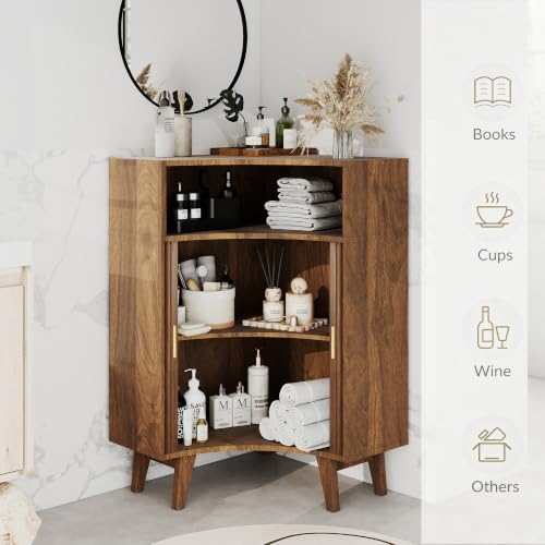 Image of Fluted Corner Cabinet with Open Storage, Modern Floor Cabinets with Sliding Doors and 2-Tier Shelves, Freestanding Narrow Organizer for Small Space,Living Room, Dining Room,Walnut