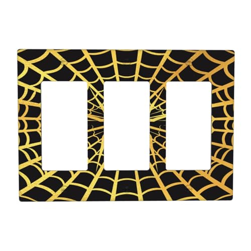 Decorative Outlet Covers Black Background with Golden Spiderweb Spider 3 Gang Outlet Cover Wall Plate Triple Rocker Light Switch Cover Plate Switch Plate Covers for Home Decor