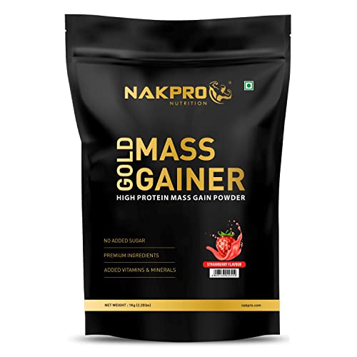 Nakpro Gold Mass Gainer Powder 1 Kg, Strawberry| Lean Muscle Whey Protein Mass Gainer | 21g Protein, 68g Carb, 372…