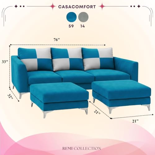Image of Romeo 5 Seater L Shape Sofa Set with 2 Movable Ottomans | Flexible Layout | Rich Velvet Suede Fabric | Silver Legs | Modern Sofa for Living Room (Aqua Blue Color)