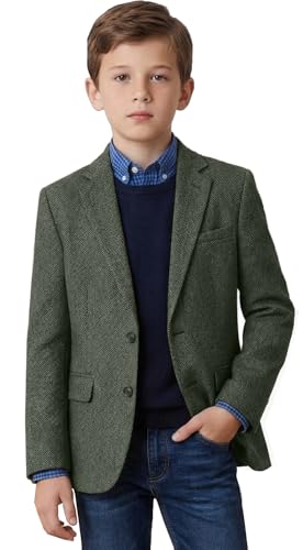 Image of Tweed Herringbone Boys Blazer Classic Jacket for Kids Casual Sport Coat | Wrinkle-resistant for easy care. Soft breathable fabric delivers comfy wear, classic pattern fits all formal events.