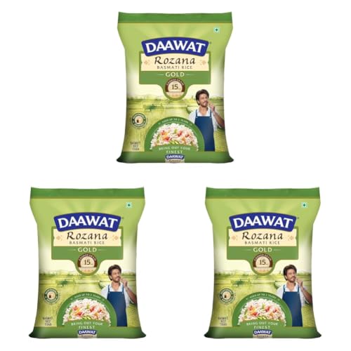Image of Daawat Rozana Gold Basmati Rice 5Kg| For Everyday Consumption| Cooked Grain Upto 15mm*| Naturally Aged (Pack of 3)