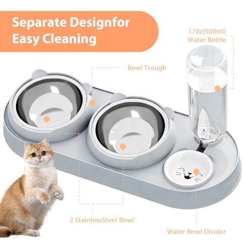 3-in-1 Katzennapf,Katze Futternapf und Wassernapf Set mit Wasserspender Edelstahl Doppel-Katzennäpfe 15° Neigbar für Katzen und Kleine Hunde Haustiere Abnehmbarer Futternapf