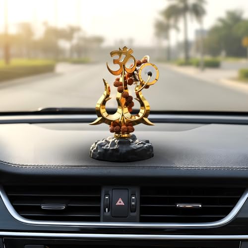 Image of Gold Finish Om Trishul with Damroo & Rudraksha Mala - Divine Lord Shiva Idol for Home, Office & Car Dashboard