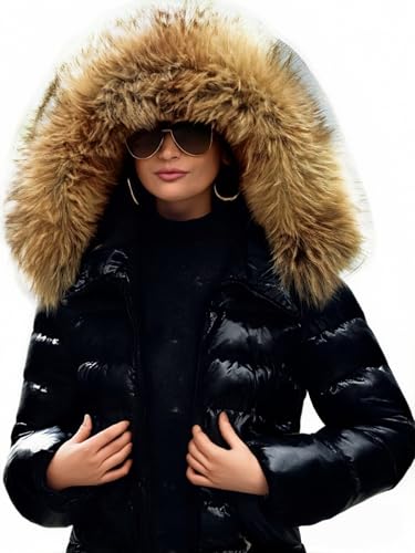 Generisch Winterjacke Damen mit Fellkapuze, Glänzende Daunenjacke Damen Kunstpelz Winterjacke Verdickte Daunenmantel mit Fellkapuze Puffer Jacke Pufferjacke Warme Gesteppter...