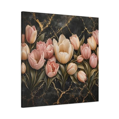 Toile tulipes roses et or pour illuminer un grand salon moderne et cosy