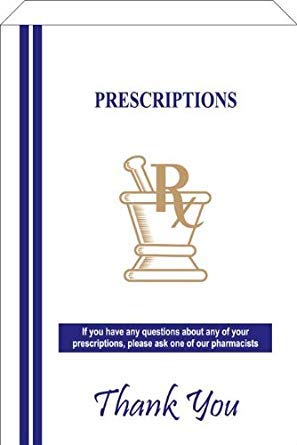 Pharmacy Prescription Bags White - 6 x 3.6 x 11 inches - Gold and Blue Thank You Print - Capacity: 6 lbs - Qty 500 (Rx Bag, Paper Bag, Medicine Bag, Lunch Bag, Party Favor Bag)