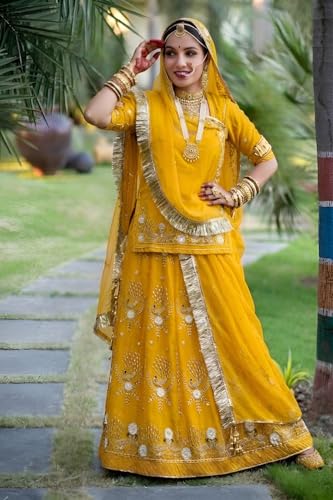 Image of Heavy Embroidery Work Semi Stitched Shimmer Silk Rajputi Poshak For Women Rajasthani Lehenga Choli