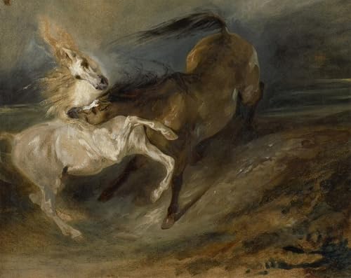 Toile Deux chevaux se battant de Delacroix : Tableau d'Art Murale Premium