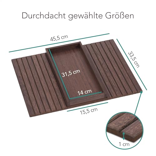 DETOR Sofatablett mit Aufbewahrungsbox (31,5×14 cm), braun gebeiztem Bambus und rutschfester Filzbasis, passend für Armlehnen ab 15,5cm Breite