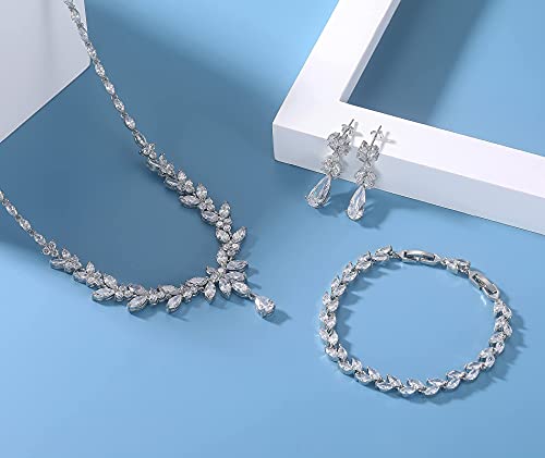 Idasany Jewelry Set For Women, Cubic Zirconia Necklace Dangle Earrings & Bracelet Jewelry Set For Bride Bridesmaid Wedding Prom Party #TOP2