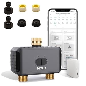 MOES WiFi Sprinkler Timer 2 Zone with Brass Inlet & Outlet, Water Timer for Garden Hose Faucet, Programmable Watering Irrigation 2 Outlet, Smart Watering System for Lawns and Yard Work with Alexa