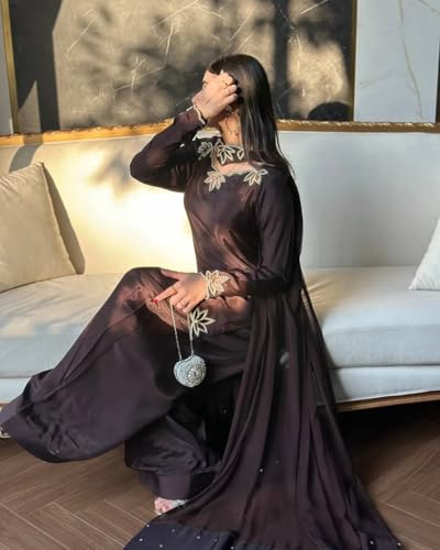 Image of Luxury Black Embroidered Women's 3-Piece Suit Set - Elegant Long Kurta with Silver Leaf Embellishment, Wide-Leg Pants & Matching Dupatta (Full Stitched)
