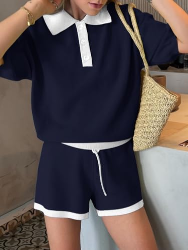 Image of Tankaneo Womens 2 Piece Short Sets Short Sleeve Knit Tops Vacation Outfits | Sweater Fabric, 2026 Summer, Collared, Matching Lounge Set