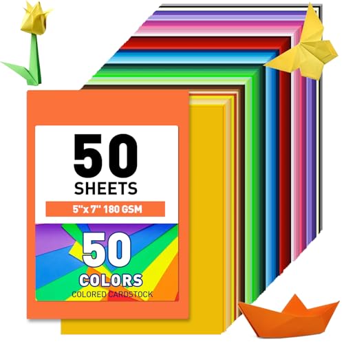 MAXECHO 5" x 7" Colored Cardstock, 50 Assorted Sheets in 50 Colors, 180 GSM (65 lb) Bulk Construction Paper, Printer Friendly Card Stock for Printing & Making, DIY Crafts, Cricut, School Supplies