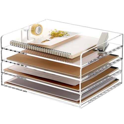 SANRUI 4 Tier Clear Desk Paper Letter Organizer Trays, A4 Stackable File Document Tray, Acrylic Desk Organizers and Accessories Sorter, Workspace Office Supplies Organizers,12.4inx8.86inx6.76in
